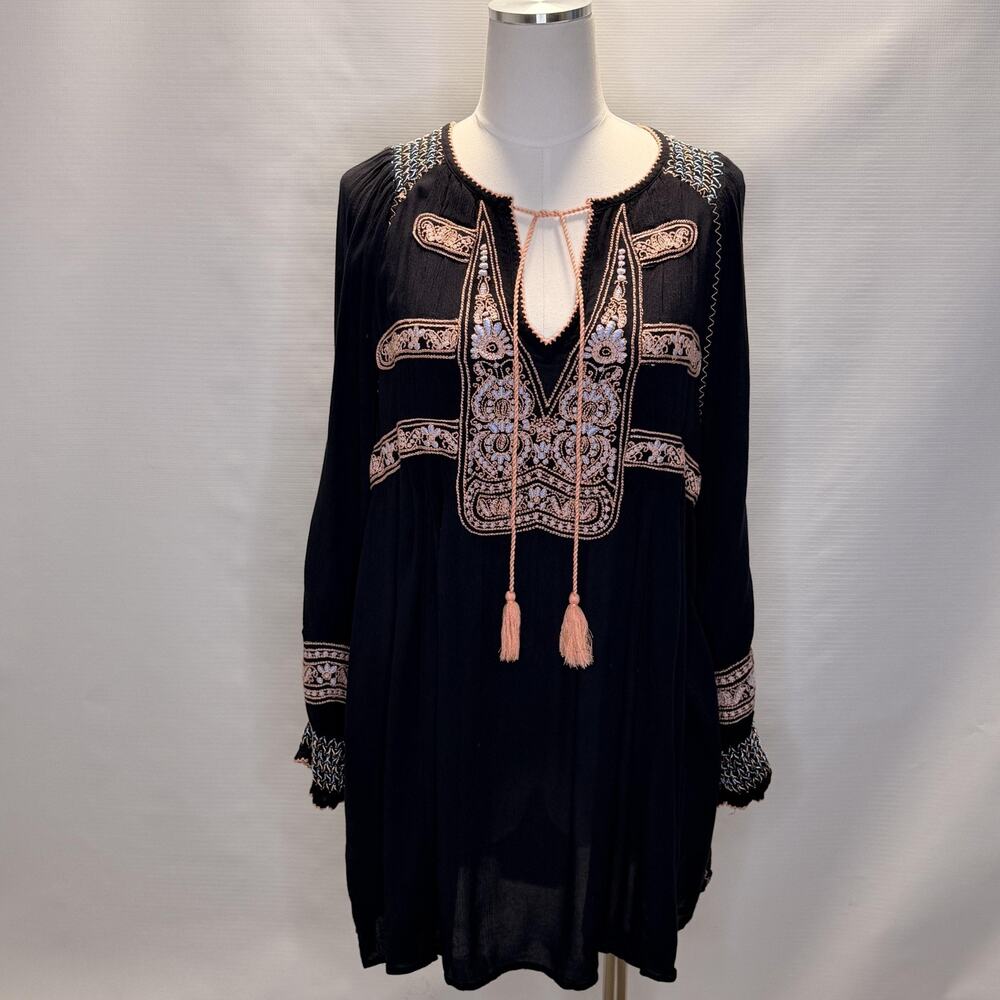Free People Dress Womens Small Black Embroidered Boho Mini Tunic OB770136